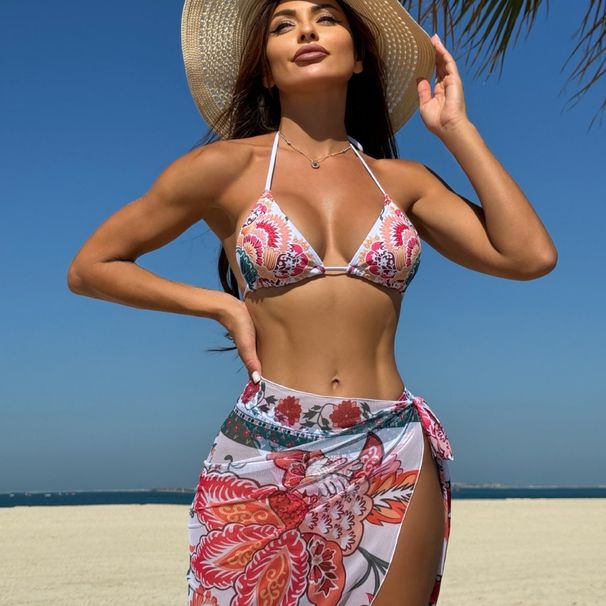 Floral Print Mesh Three Piece Swimsuit Bikini European American Style Women's Clothing Swimwear 2025 New_ecoleips.com
