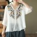 Artistic Retro Heavy Industry Embroidery Summer Cotton And Linen Ethnic Style Top Women's Lace Stitching V-Neck Elegant_ecoleips.com