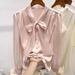 Women’s Clothing new temperament slim solid color V neck organza lace up single breasted long sleeved chiffon shirt for women_ecoleips.com