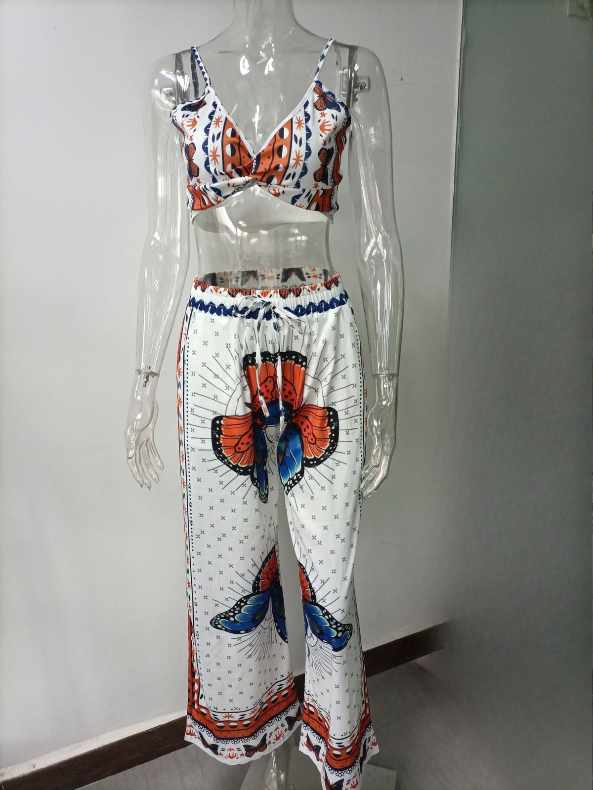 K Women's Printed Sexy Strapless Loose Wide Leg Pants Two-piece Set_ecoleips.com