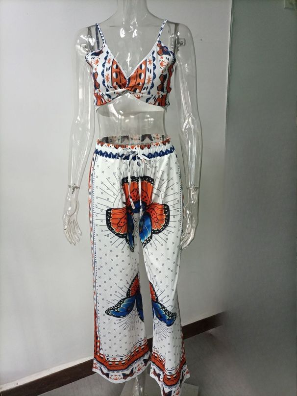 K Women's Printed Sexy Strapless Loose Wide Leg Pants Two-piece Set_ecoleips.com