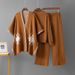 Women's Autumn Winter Knitwear Set Casual Wide Leg Pants Three Piece Outfit with Jacquard Shawl round Neck Top_ecoleips.com