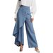 Women's Loose Casual Fashionable Denim Pants Button Down Long Hem Solid Color Genuine New_ecoleips.com
