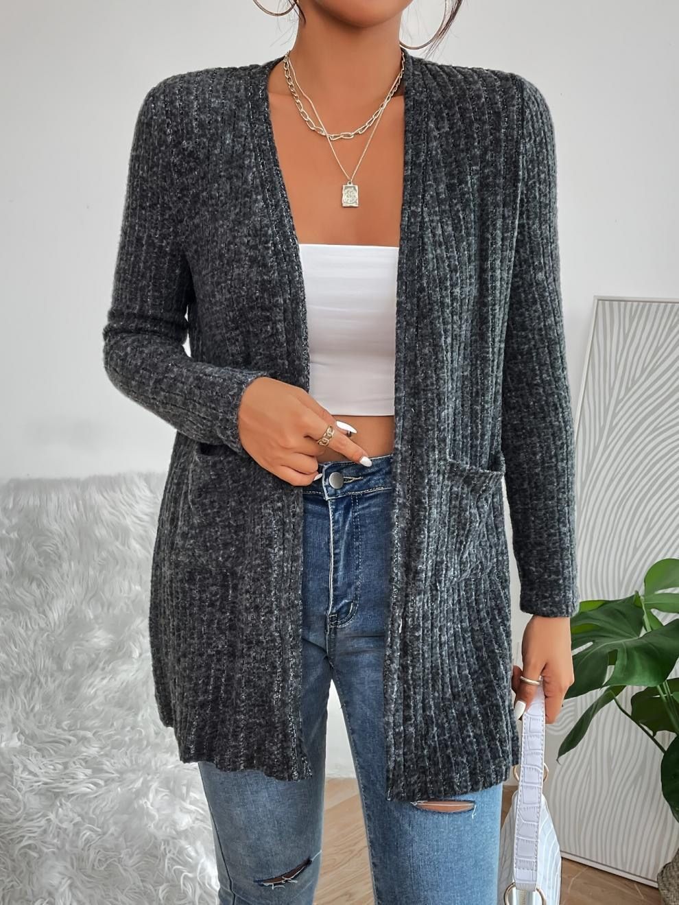 Women's Solid Color Knitted Cardigan Long Sleeved Casual Fashion Autumn Winter Pocket Ribbed European American Style_ecoleips.com