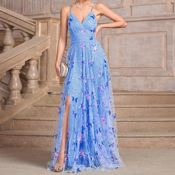Women's Butterfly Sequin V-Neck Slit Dress – Elegant & Glamorous Bodycon Evening Gown_ecoleips.com
