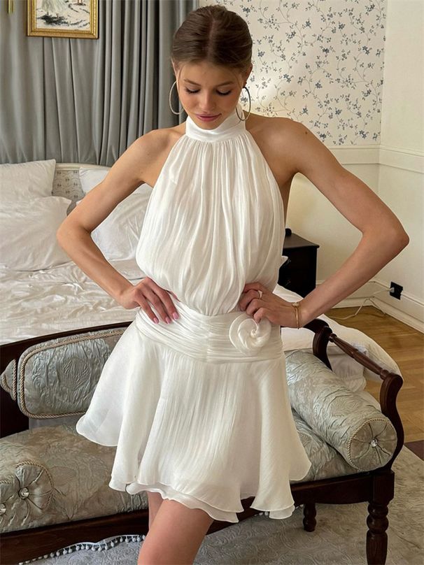 Tossy White Summer Chiffon Mini Dress Backless Lace-Up High Waist Sexy Patchwork Party Dress Clothes Women's Floral Halter Dress_ecoleips.com