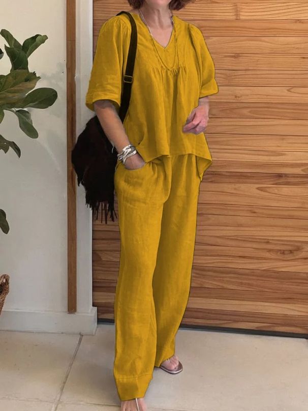 Women's Clothing Women's New Products Cotton And Linen Pure Color V Neck Casual Short Sleeved Tops And Pants Two Piece Set_ecoleips.com