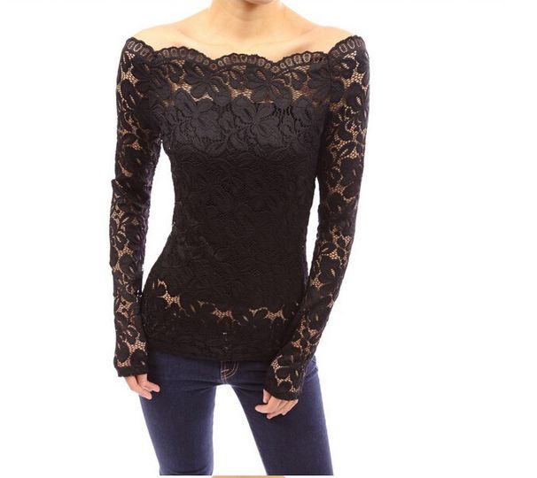 Women's Clothing Off Shoulder Lace One Shoulder Collar Long Sleeved Hollow Lace Shirt_ecoleips.com