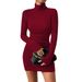 Voya Women's Clothing, European And American Queen Style Wine Red Dress, Autumn And Winter Simple High Neck Versatile Short Skirt_ecoleips.com