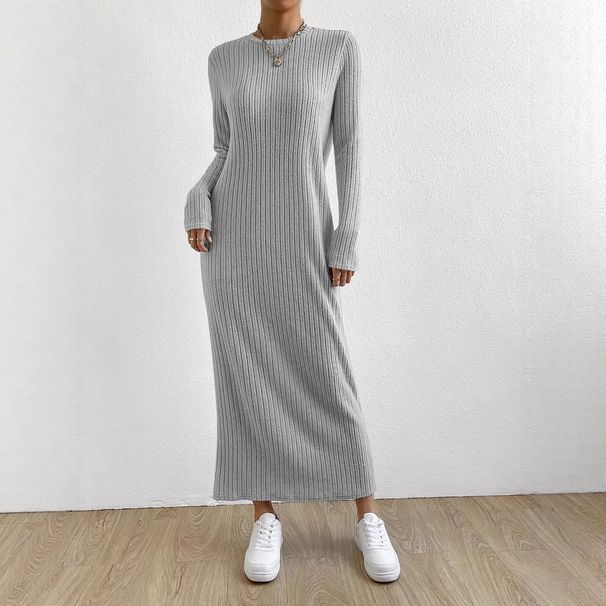 K Casual Round Neck Knitted Long Skirt For Women, Long Sleeved Dress. No Necklaces Or Other Accessories_ecoleips.com