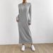 Women's Long Sleeve Knit Dress - Casual High Waist Maxi Dress With Round Neck, Solid Color, Loose Fit For Fall & Winter_ecoleips.com