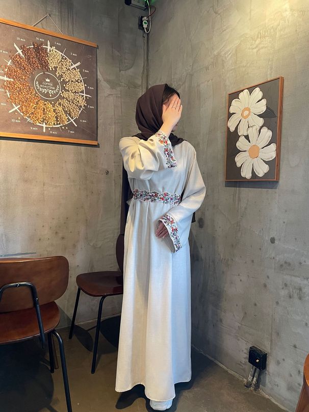 Women's Clothing Muslim clothing linen embroidery belt lined dress floral embroidery_ecoleips.com