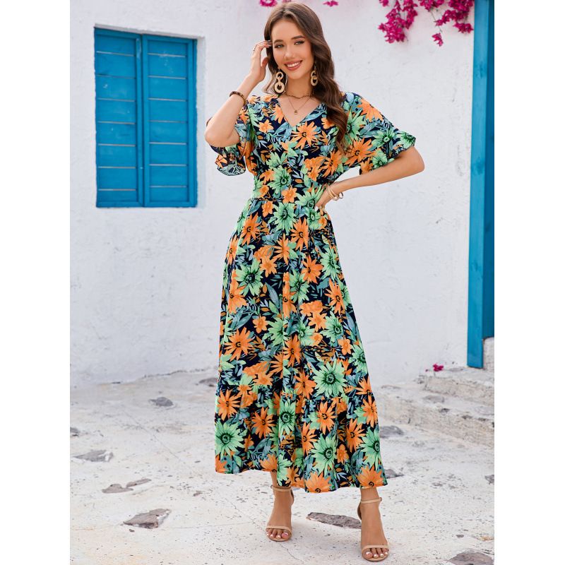 Cross-border Real-shot Rayon Printed Ruffle Batwing Sleeve V-neck Waist-cinching Bohemian Dress_ecoleips.com