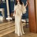 Women's Floral Print Batwing Sleeve Dress Set With Tie Waist – Elegant Long Sleeve Tunic & Maxi Skirt Outfit, Polyester Spandex Blend, Wrinkle-Free_ecoleips.com