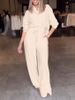Women's Clothing Elegant Women's Stacked Neck Long Sleeve Top & Wide Leg Pants Set - Stretchy Polyester Workwear Suit For Office & Casual_ecoleips.com