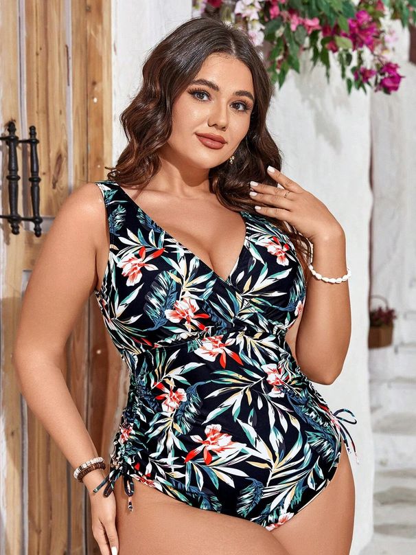 VigoJany 2026 Women Leaf Print Plus Size Swimwear Strapped V Neck Large One Piece Swimsuit Ladies Tied Beach Chubby Bathing Suit_ecoleips.com
