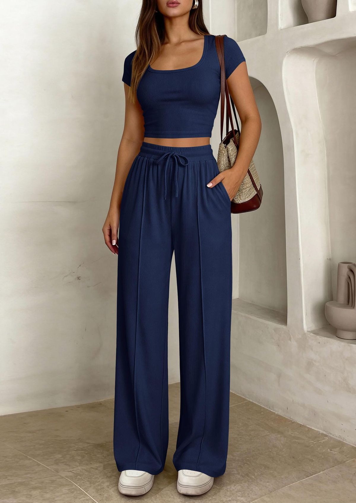 Women's Slim Fit Two Piece Suit Short Sleeve Trousers Y2K Casual Spring Summer Commuter Suit_ecoleips.com