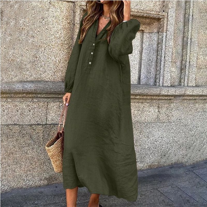 A Long, Fashionable And Loose Cotton And Linen Solid-Color Long-Sleeved V-Neck Button Dress_ecoleips.com