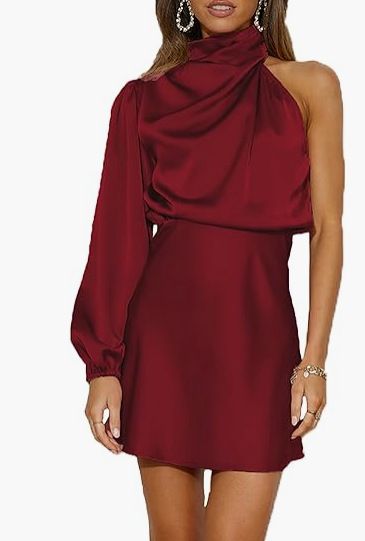 Women's Clothing One Shoulder Long Sleeve Mini Dress Silk Long Sleeve Round Neck Cocktail Short Dress_ecoleips.com