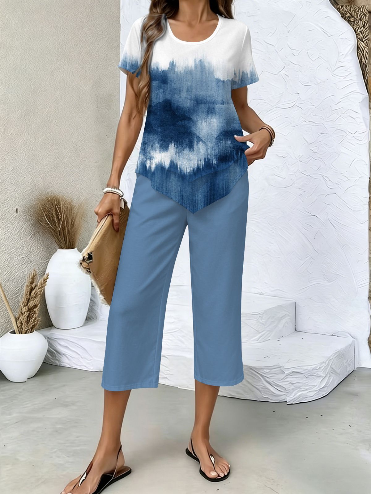 Women's 3D Digital Tie Dye Print Set Style Loose Casual Short Sleeve Fashionable Commuting Trend New_ecoleips.com