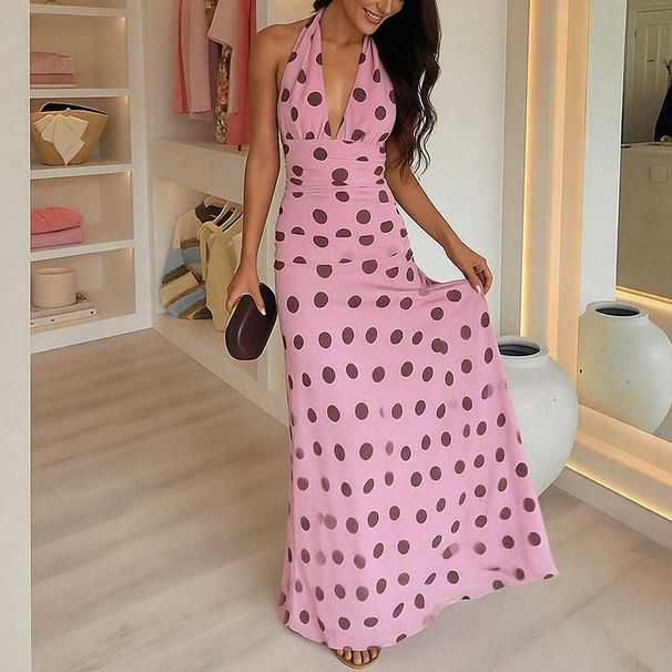 Women's Elegant V Neck Polka Dot Dress American Style Backless Halter Neck Spring New Arrivals_ecoleips.com