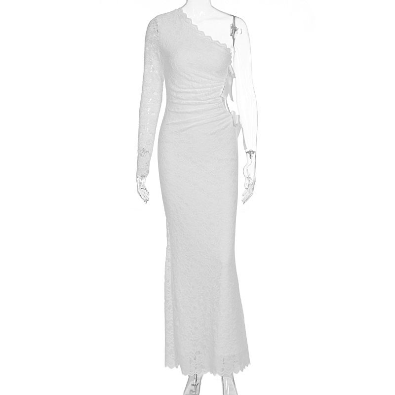 Women Sexy One Shoulder Slant Collar Long Sleeve Dress Hollow Out Lace Bow Detail Evening Party Cocktail Dress For Females_ecoleips.com