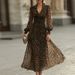 Ladies V-neck Lantern Sleeve Party Dress 2026 Casual Streetwear Swing Long Dress Retro Leopard Print High Waist Commuting Dress_ecoleips.com