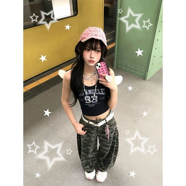 Sweet And Cool Style Black Camisole For Women, Summer Outerwear, Stylish American Sleeveless Short Top_ecoleips.com