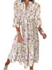 2025 New Casual Loose Bohemian Floral Long Puff Sleeve V-Neck Ruched Dress For Women_ecoleips.com