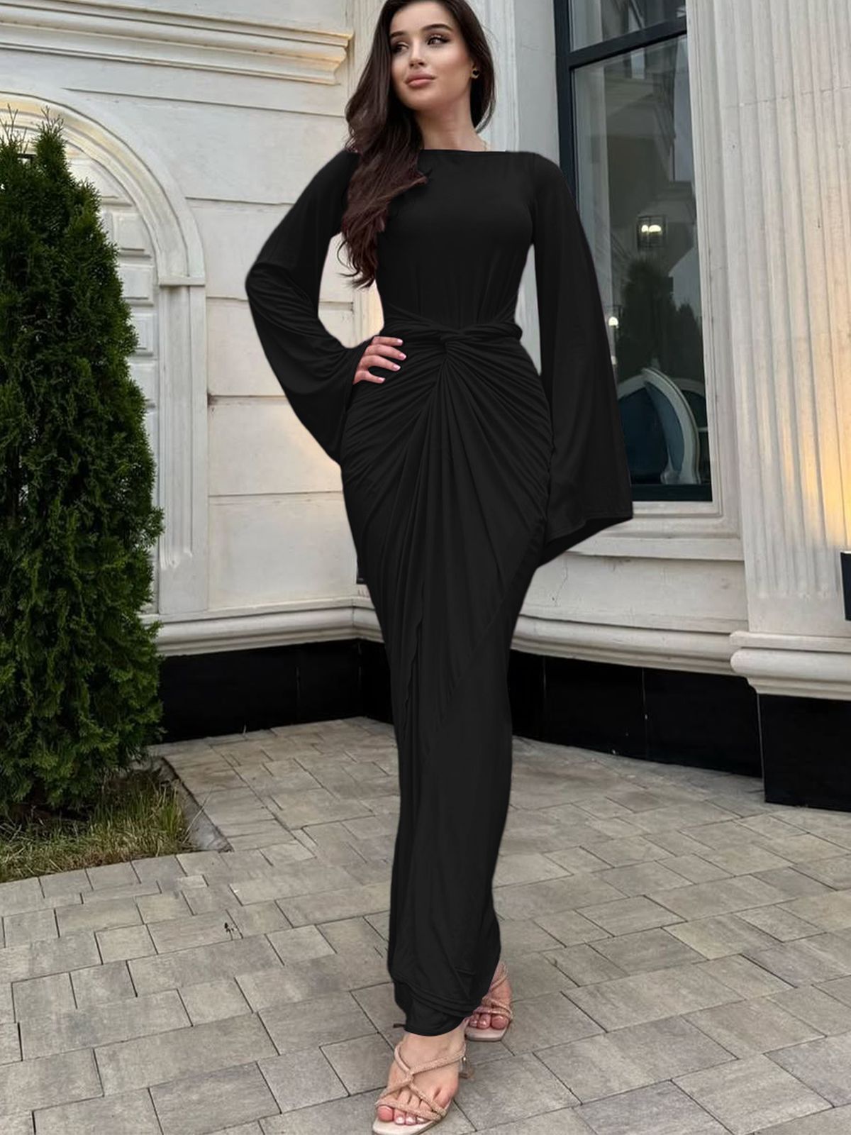 Hugcitar Elegant Solid Long Flare Sleeve Bandage Sexy Bodycon Maxi Dress Autumn Winter Women Clothes Birthday Party Festival_ecoleips.com