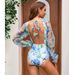 Women's Clothing Swimsuit New Style Applique V Neck Long Sleeved Holiday Floral One Piece Swimsuit Suit Female_ecoleips.com