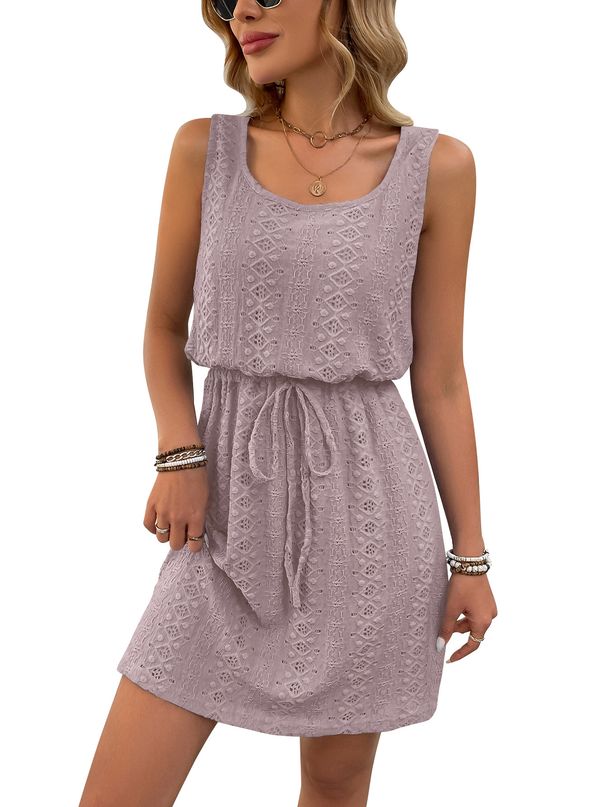 Women's Clothing Square Collar Hollow Texture Drawstring Sleeveless Dress_ecoleips.com