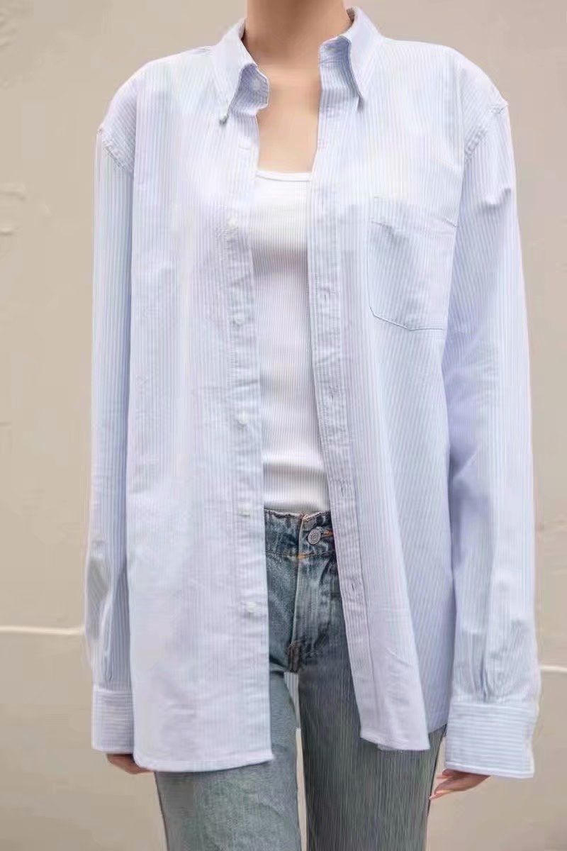 Verve BM Style Couple's Sun Protection Blue And White Striped Single-Breasted Loose Long Sleeve Shirt For Women_ecoleips.com