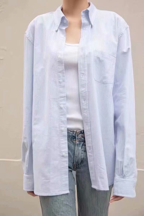 Verve BM Style Couple's Sun Protection Blue And White Striped Single-Breasted Loose Long Sleeve Shirt For Women_ecoleips.com