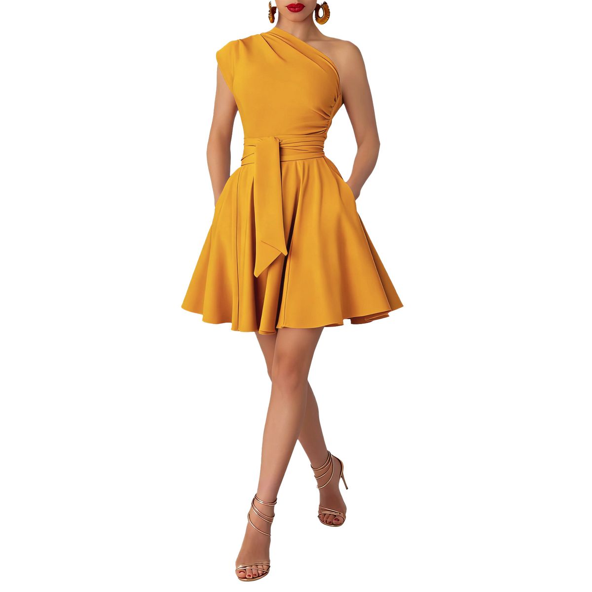 Women's One Shoulder Asymmetrical Neck Slim Waist Dress Solid Color Short Skirt Fashion_ecoleips.com