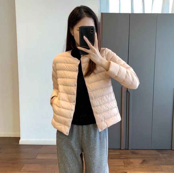 Ultra-Light Women's Short Down Jacket With 95% White Goose Down - Slim Fit Round Neck Casual Coat For Autumn Layering (White, Black, Beige, Pink)_ecoleips.com