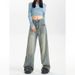 American Retro Distressed Cement Yellow Wide-leg Jeans For Women, New 2025 Model, High-waisted, Loose, Slimming, Drapey_ecoleips.com