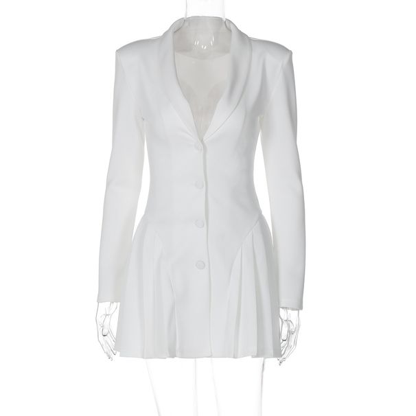 Cross-Border New Solid Color Sexy Deep V Suit Collar Cardigan Elegant Short Ruffle Dress For Women_ecoleips.com