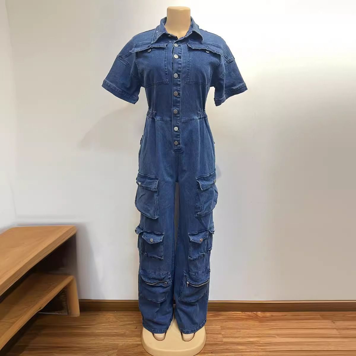 Women's Clothing Washed Overalls Multi Pocket Button Denim Jumpsuit Short Sleeved Trousers_ecoleips.com