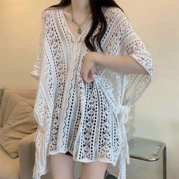 Women's Knitted V-Neck Batwing Sleeve Top Hollow Out Loose Fit Summer Plus Size Slimming Versatile Casual T-Shirt_ecoleips.com