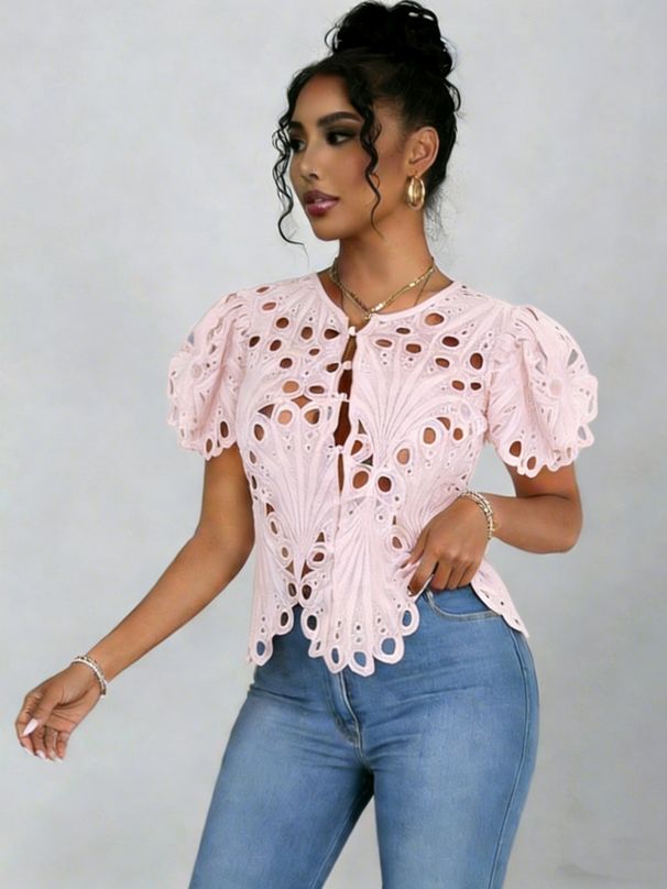 Women's Breathable Floral Lace Knit Blouse Stand Collar Hollow-Out Design Flared Sleeves Chic Office Date Night Wear_ecoleips.com