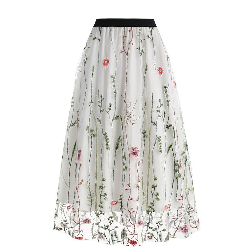 Retro 50s Women's Mesh Embroidered Midi Skirt High Waist A-Line Skirts for Casual Office Wear_ecoleips.com