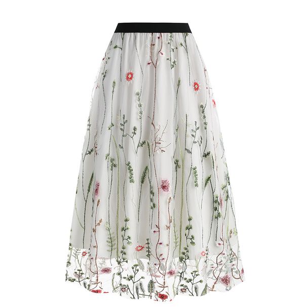 Retro 50s Women's Mesh Embroidered Midi Skirt High Waist A-Line Skirts for Casual Office Wear_ecoleips.com