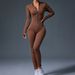 Women’s Clothing Threaded Half Zip Jumpsuit With Thumb Hole Long Sleeve Jumpsuit Hip Lifting Body Shaping Pants Small Stand Up Collar Jumpsuit_ecoleips.com