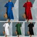 Women's Clothing Solid Color Linen Round Neck Short Sleeved Slimming Retro Casual Midi Dress For Women Plus Size_ecoleips.com