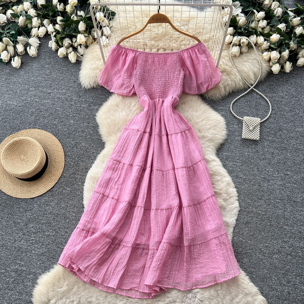 Women's French Style Off-Shoulder Puff Sleeve A-Line Maxi Dress Elegant Slimming Summer Vacation Dress_ecoleips.com