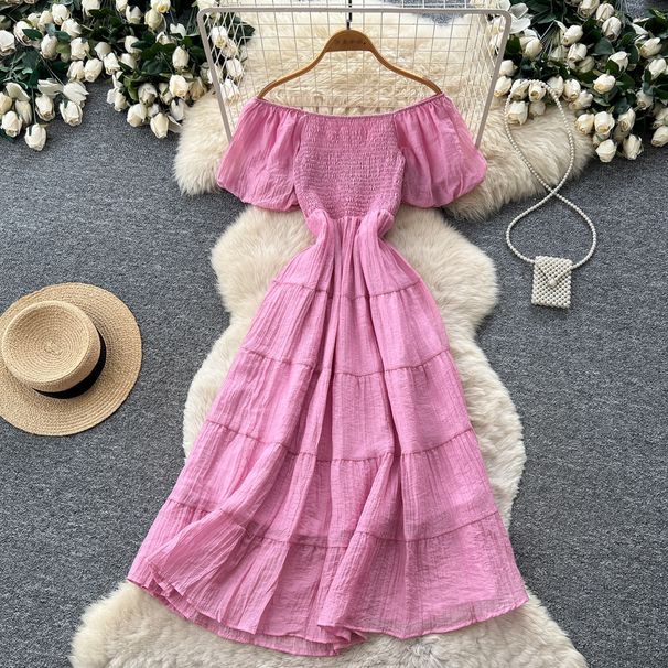 Women's French Style Off-Shoulder Puff Sleeve A-Line Maxi Dress Elegant Slimming Summer Vacation Dress_ecoleips.com