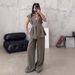 European And American Fashion Casual Suit Sleeveless Oversize Lace Up Cardigan High Waist Trousers Suit_ecoleips.com