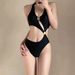 Women's High-Waist Cutout One-Piece Swimsuit Black Monokini Sexy Design for Hot Springs And Pool_ecoleips.com