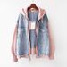 Plus Size Denim Jacket For Women – Oversized Hooded Baseball Style, Comfort Fit (L-4XL, Pink/White)_ecoleips.com